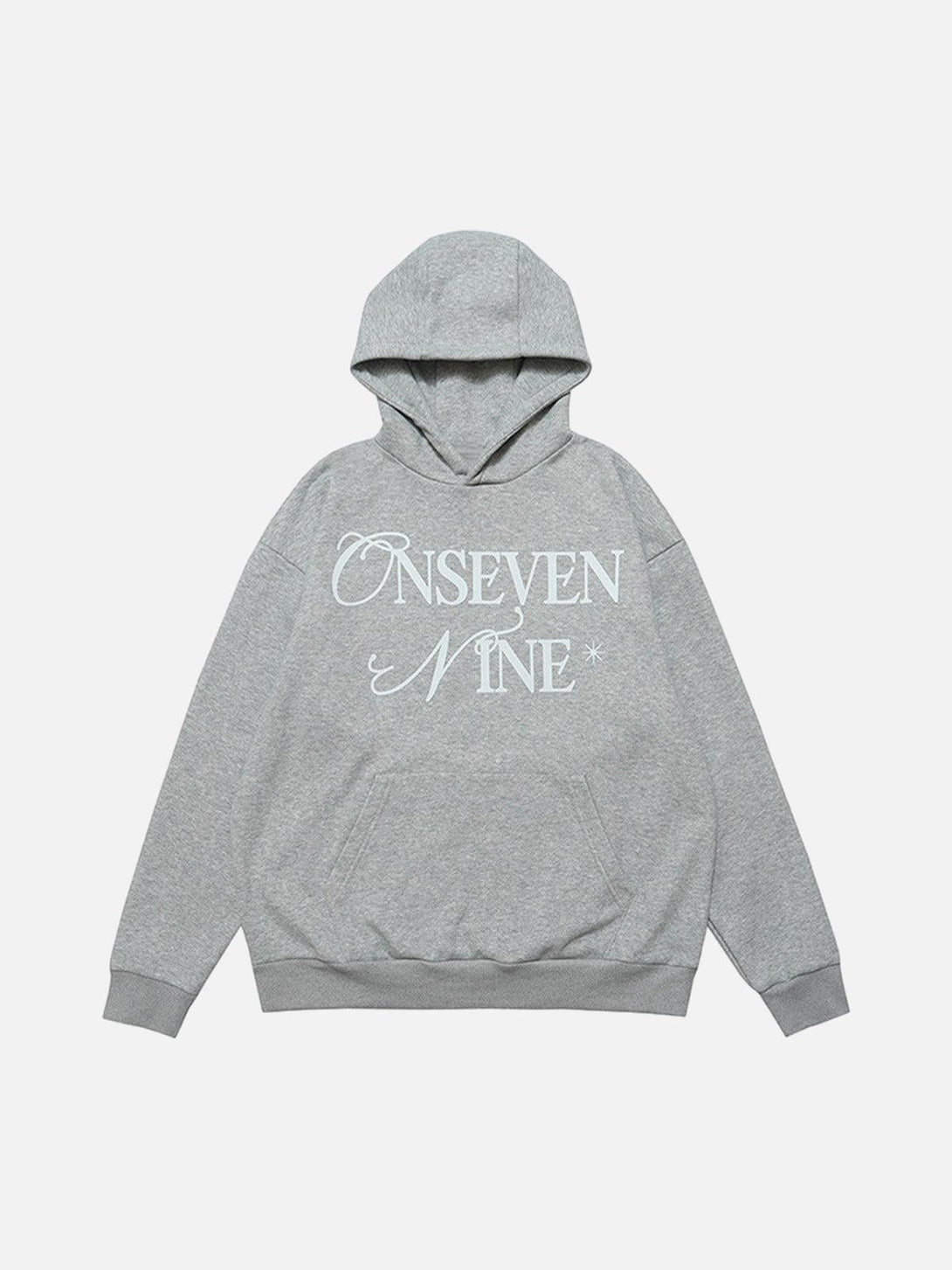 Front view of a gray fleece hoodie by TALISHKO, showcasing elegant white lettering.