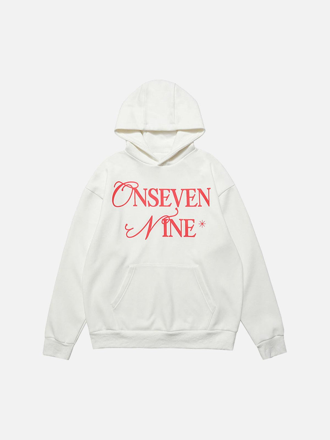 Front view of a white fleece hoodie by TALISHKO, featuring bold red lettering for stylish flair.