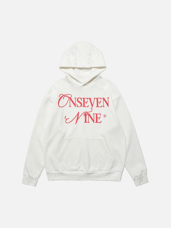 Front view of a white fleece hoodie by TALISHKO, featuring bold red lettering for stylish flair.