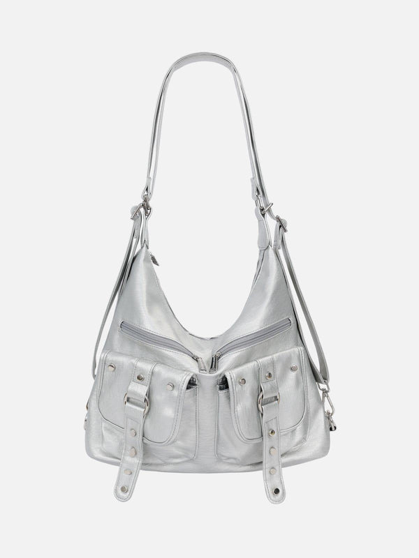 Silver faux leather bag with multiple pockets, front view by TALISHKO, perfect for urban style.