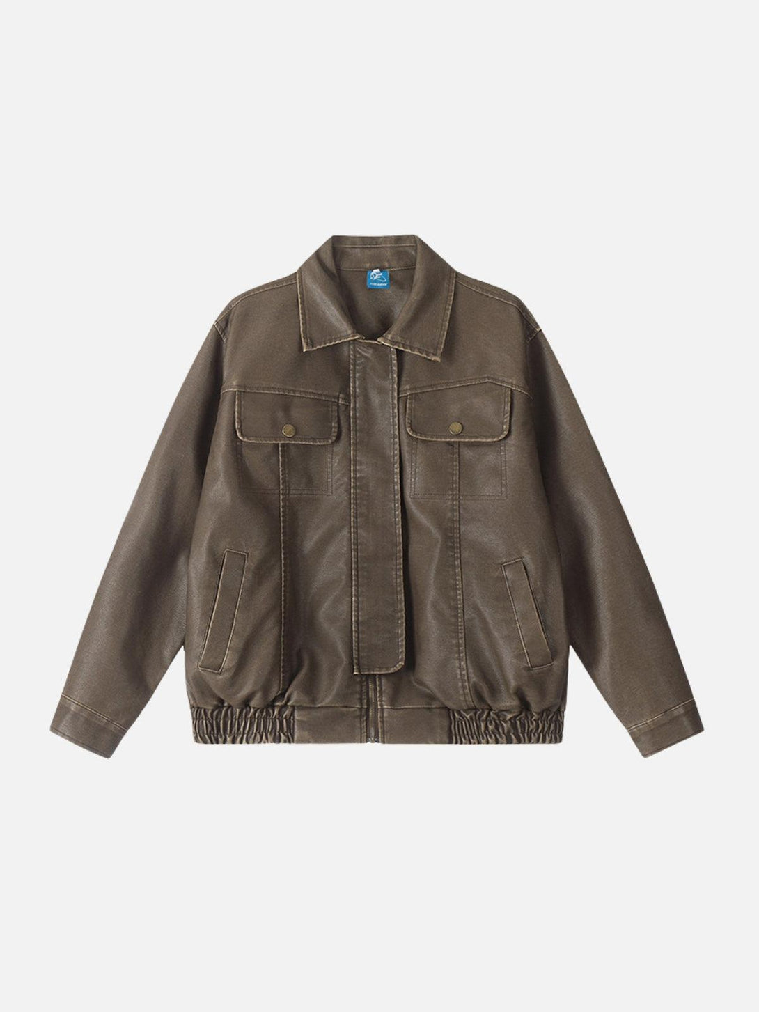 Front view of a brown faux leather jacket by TALISHKO, featuring a classic pocketed design.
