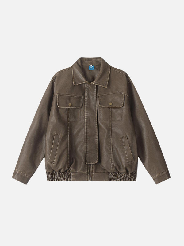 Front view of a brown faux leather jacket by TALISHKO, featuring a classic pocketed design.