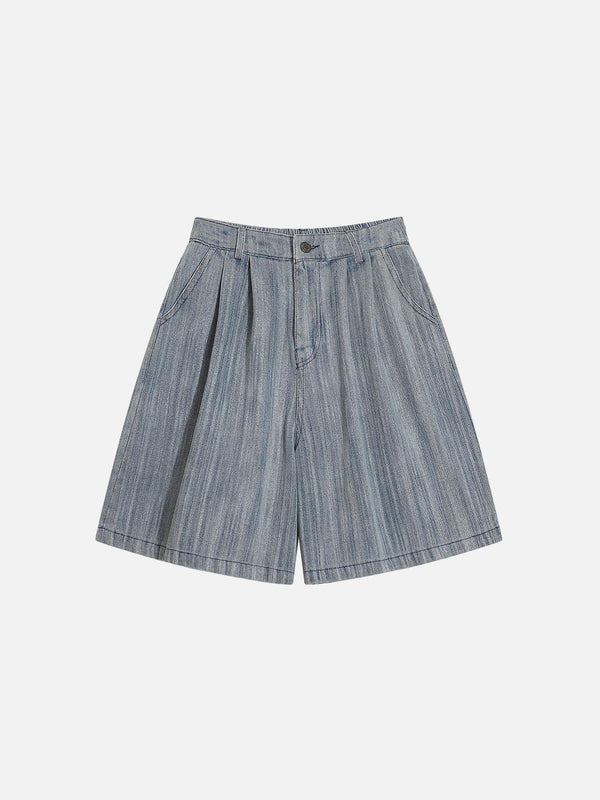 Front view of blue jorts by TALISHKO, featuring a relaxed fit and subtle striped texture.