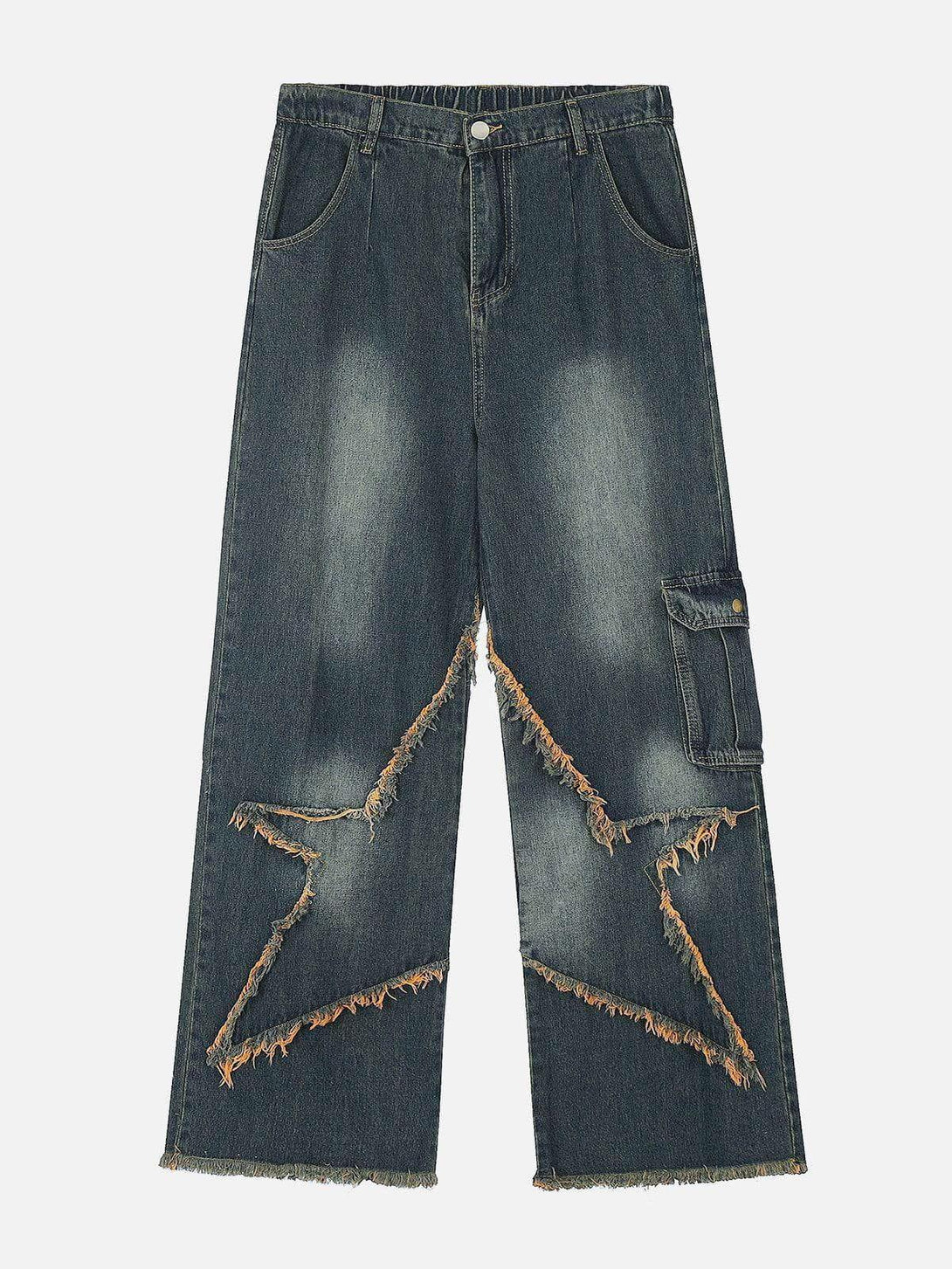 Front view of TALISHKO blue jeans with star fringe design, perfect for a casual urban look.