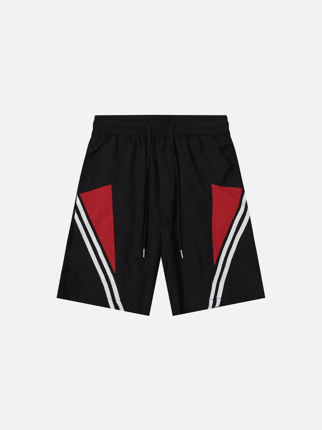 Front view of TALISHKO black shorts with red accents and white stripes, perfect for sunny outings.