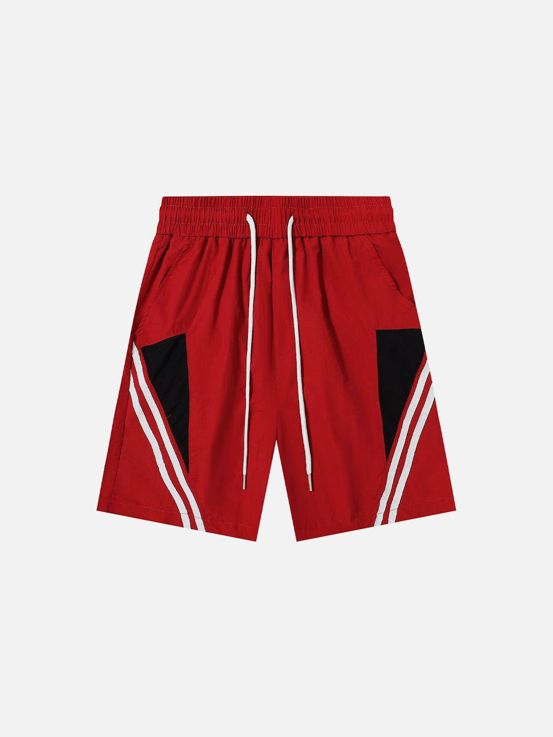 Front view of red TALISHKO shorts with black and white stripe details, ideal for warm days.