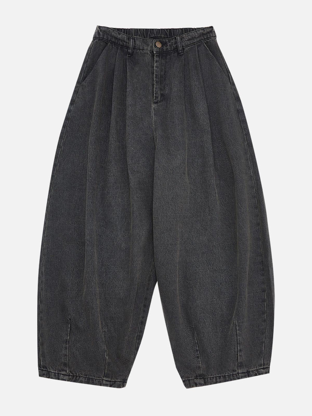 Front view of black baggy jeans by TALISHKO, featuring a relaxed, tapered fit for casual style.