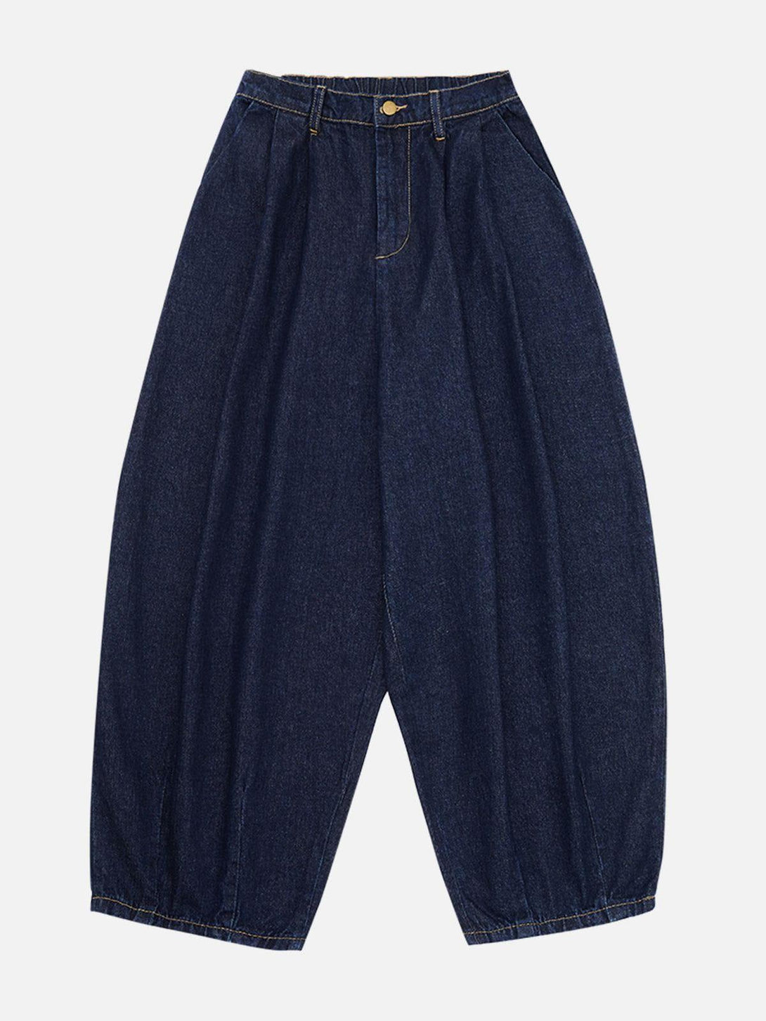 Front view of blue baggy jeans by TALISHKO, showcasing a relaxed, tapered silhouette.
