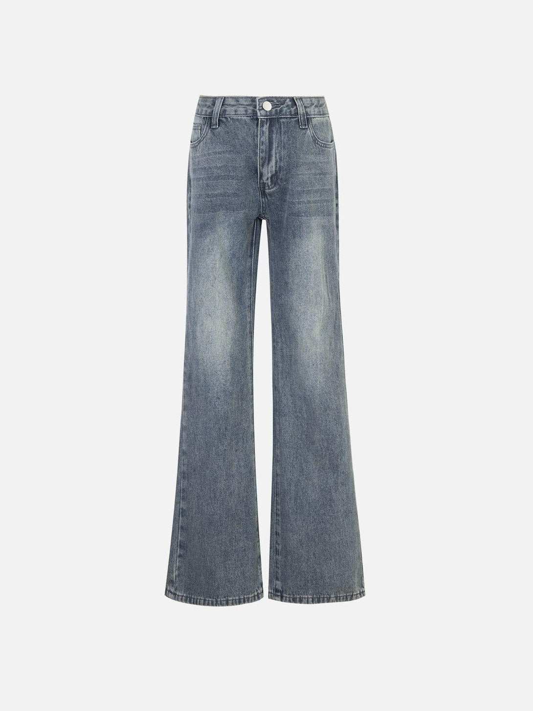 Front view of blue low-rise jeans by TALISHKO, featuring a washed finish for casual style.
