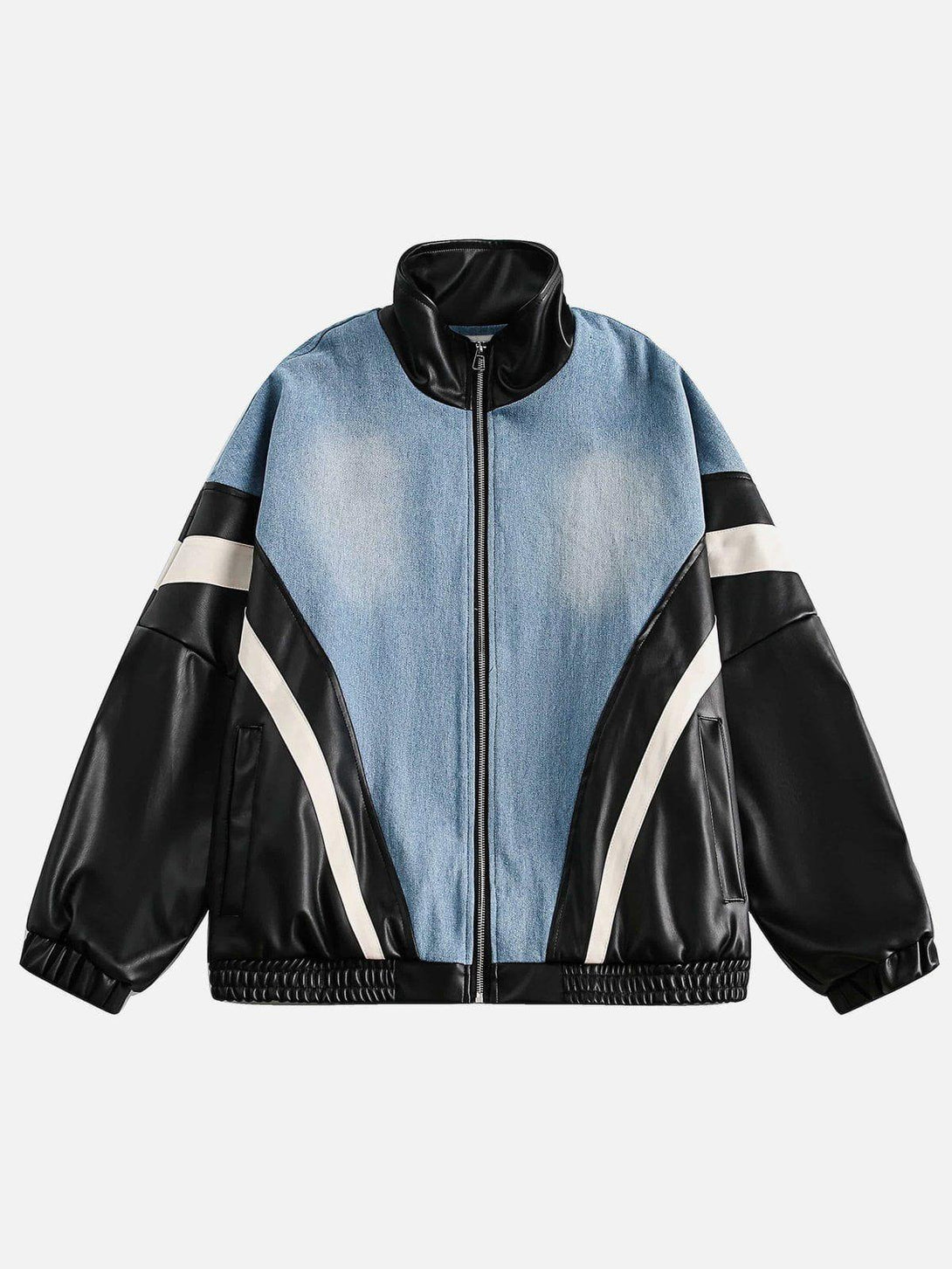Front view of a blue batwing sleeves jacket by TALISHKO, featuring faux leather accents.