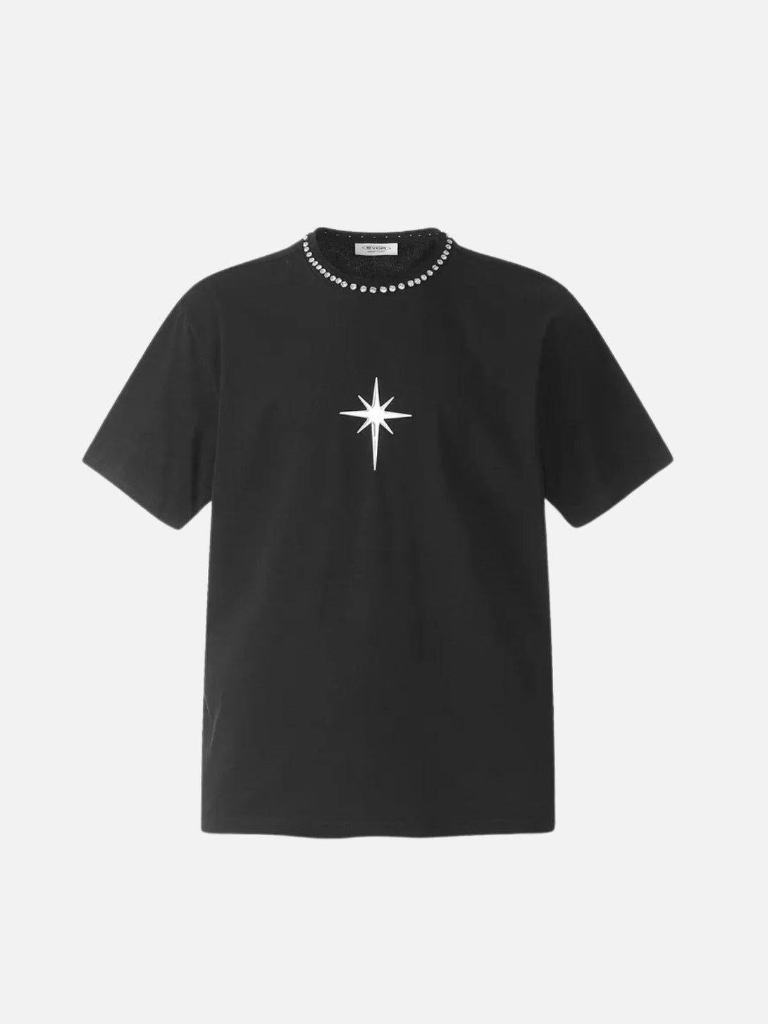 Front view of a black tee by TALISHKO featuring a beaded crew neck and white star design.