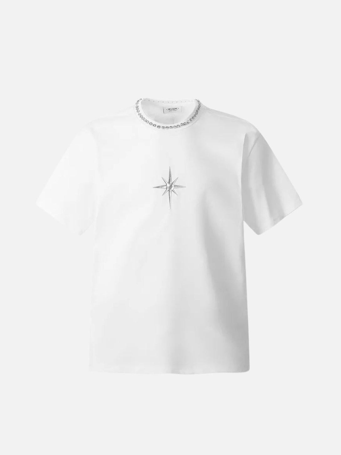 Front view of a white tee by TALISHKO with a beaded crew neck and star motif.