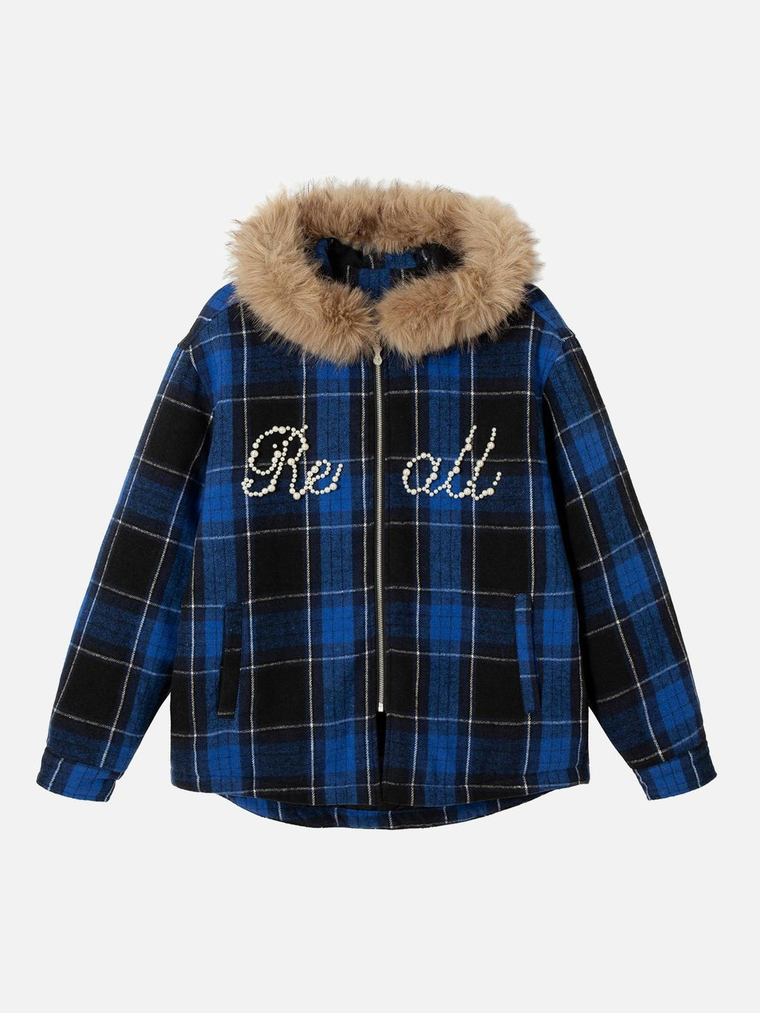 Front view of a blue plaid padded jacket with beaded text and fur collar by TALISHKO.