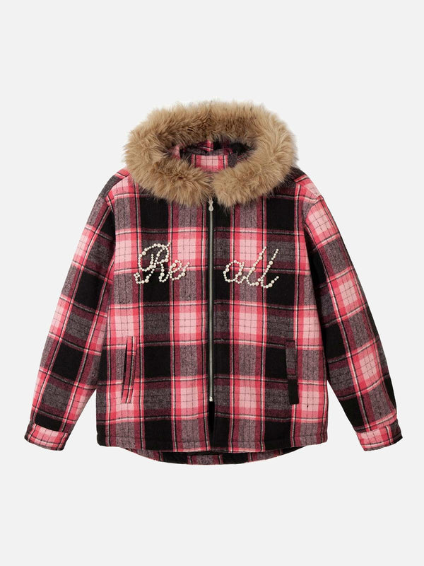 Front view of a red plaid padded jacket with beaded text and fur collar by TALISHKO.
