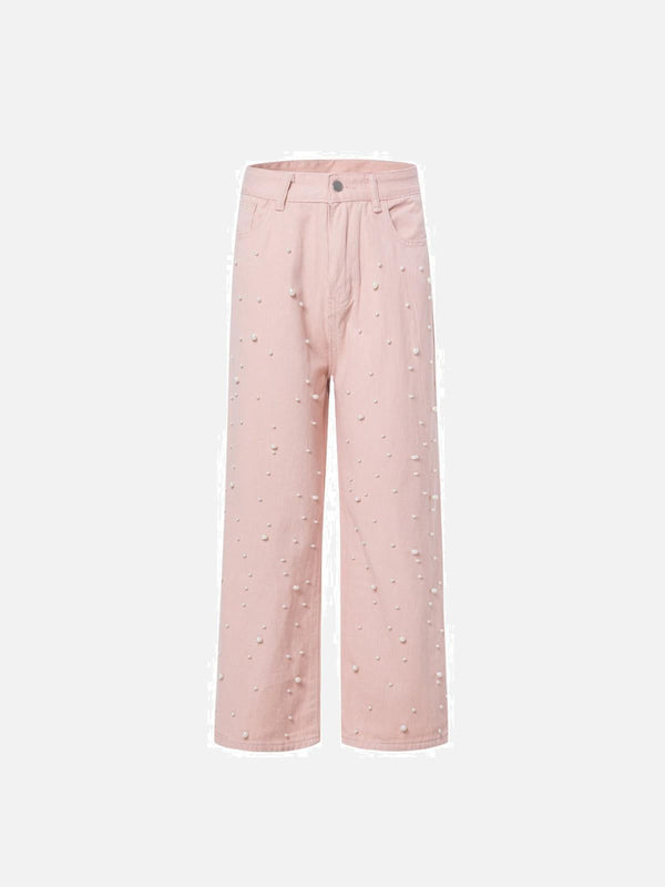 Front view of pink beaded straight jeans by TALISHKO, showcasing a chic and trendy style.