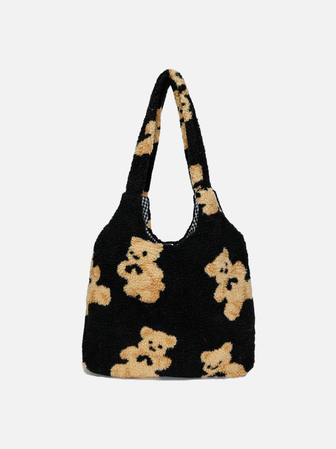 Front view of a black sherpa bag by TALISHKO, featuring charming bear patterns for a playful touch.