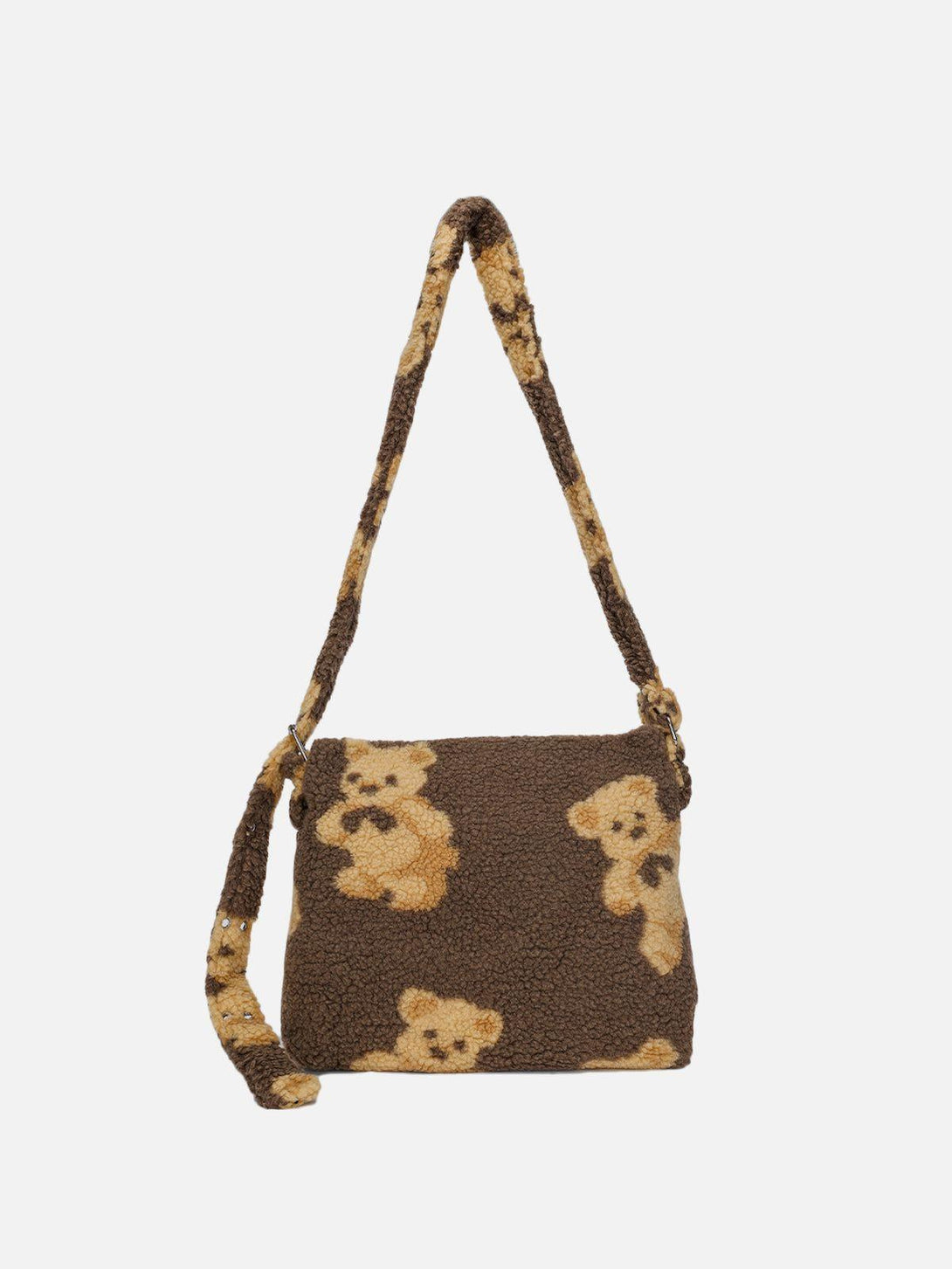 TALISHKO bear print sherpa shoulder bag in khaki, featuring a cozy texture and playful design.