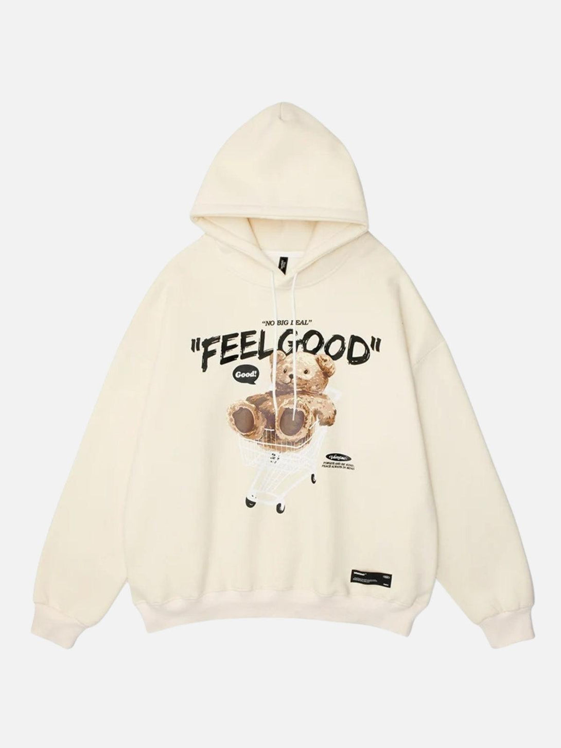 Front view of apricot hoodie with bear shopping cart print by TALISHKO, perfect for casual style.