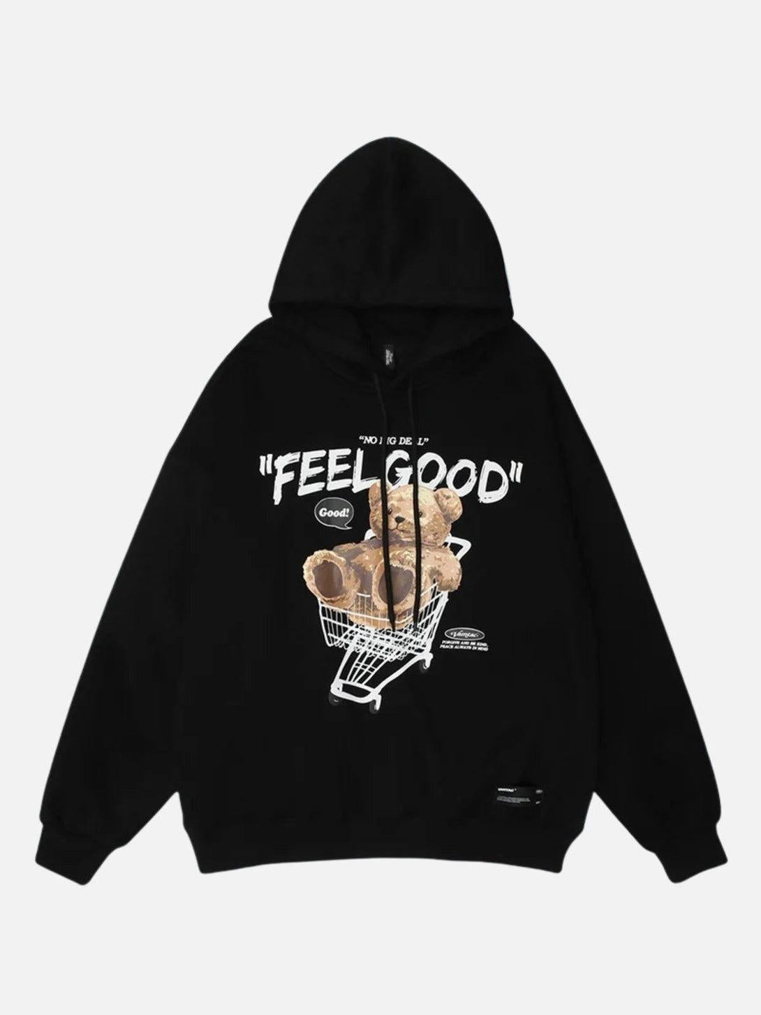 Front view of black hoodie featuring bear shopping cart print by TALISHKO, ideal for casual wear.
