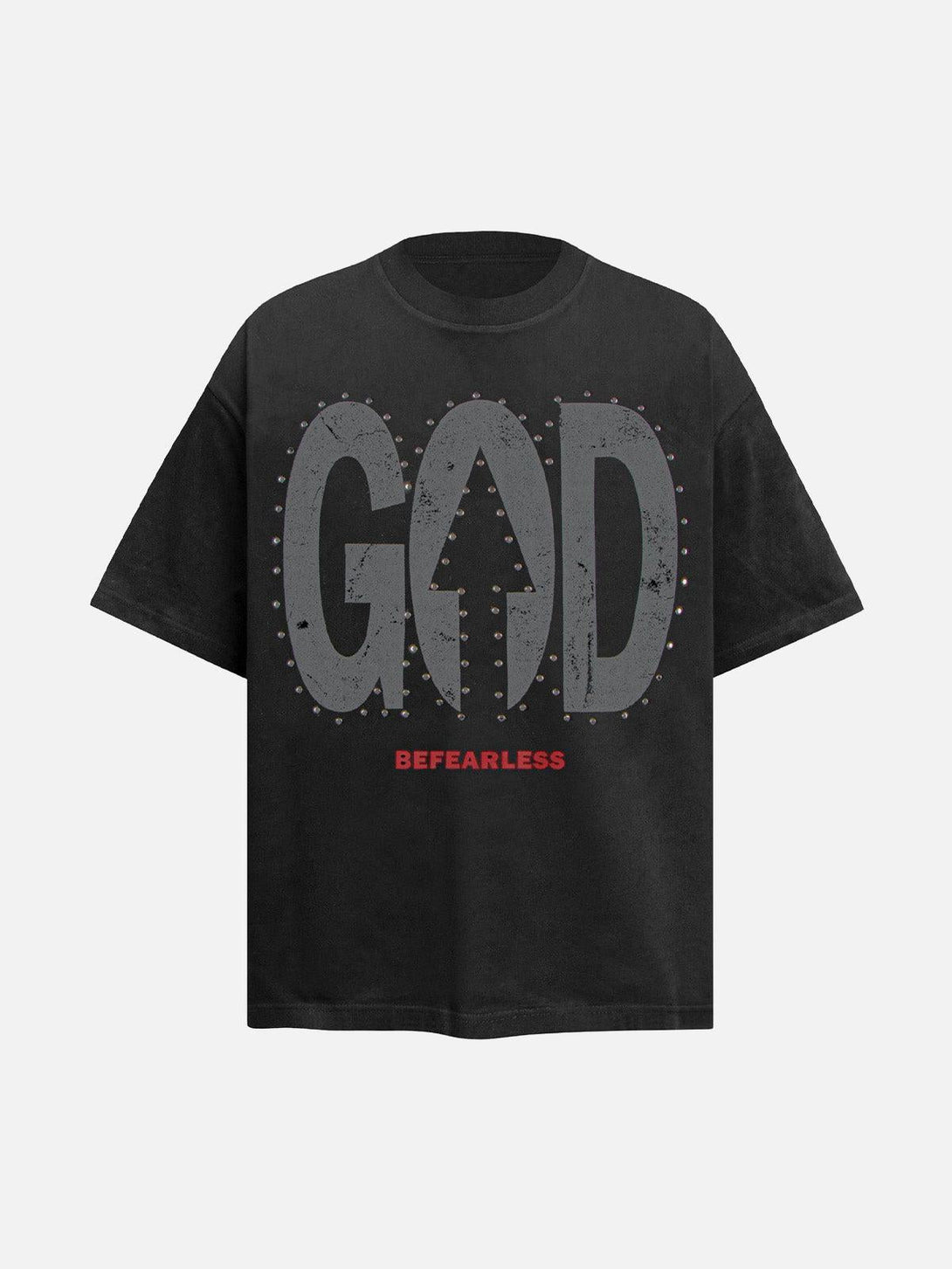Black "BEFEARLESS" slogan T-shirt by TALISHKO, front view with bold graphic design.