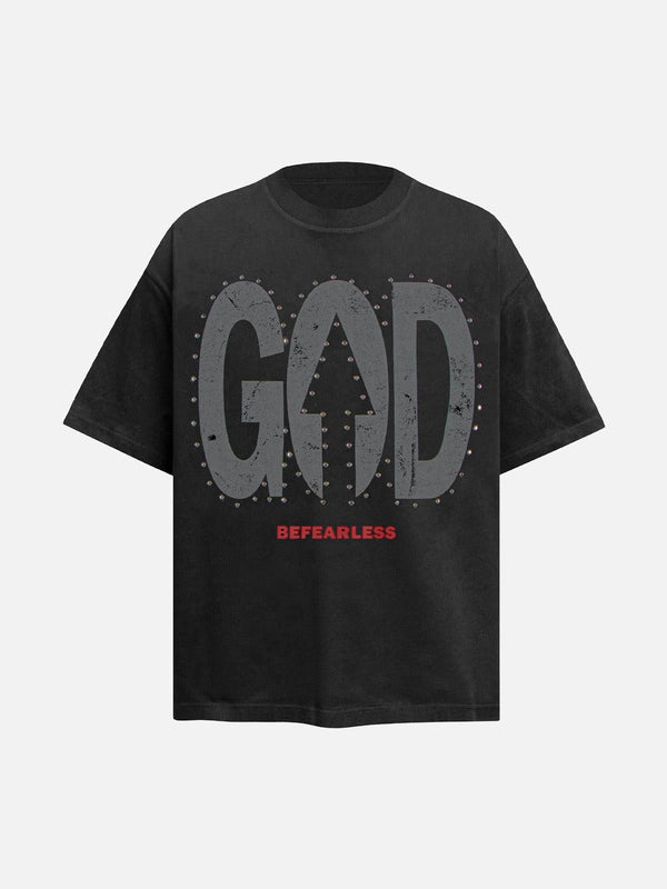 Black "BEFEARLESS" slogan T-shirt by TALISHKO, front view with bold graphic design.