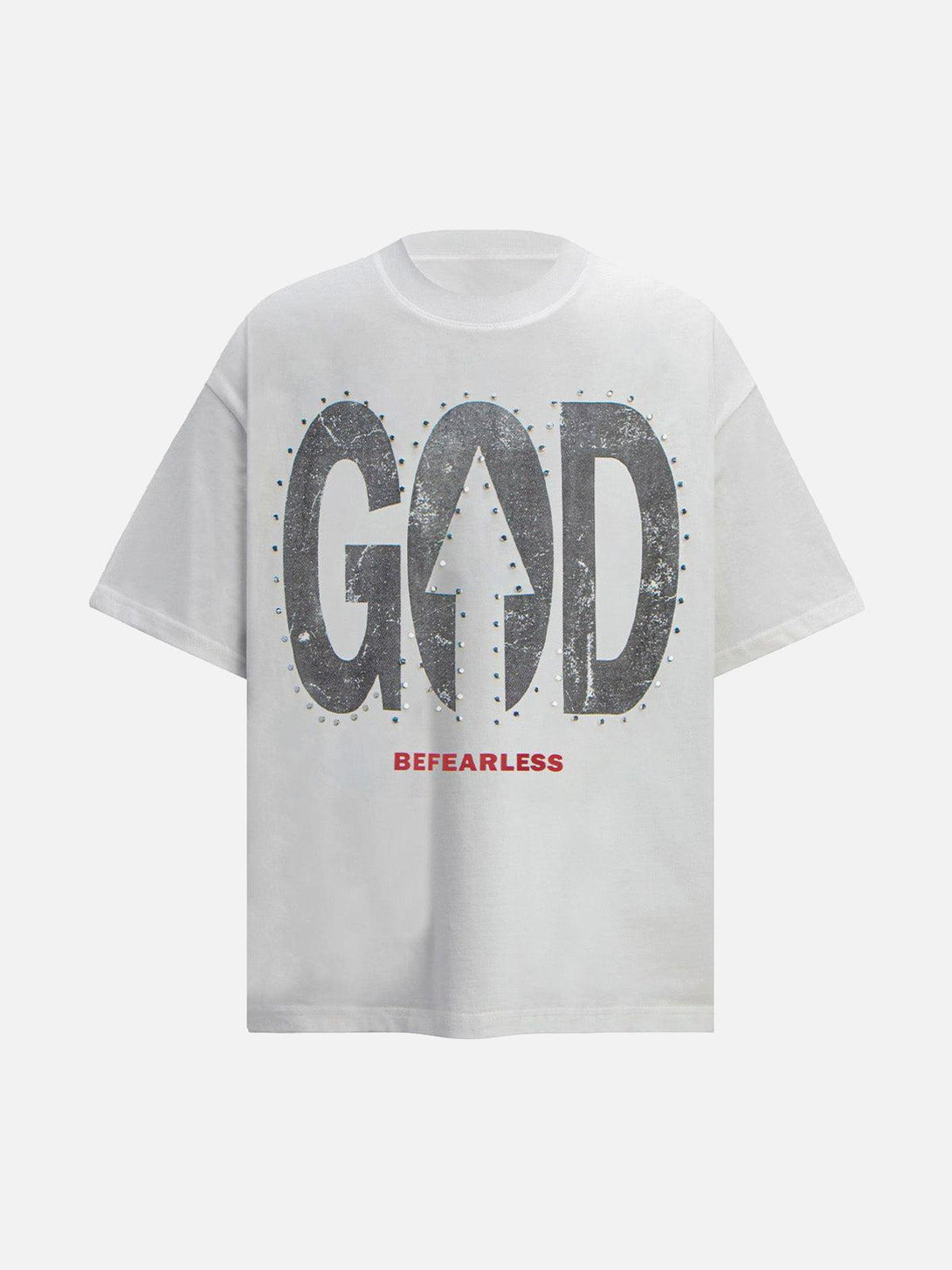Front view of white "BEFEARLESS" slogan T-shirt by TALISHKO, showcasing bold graphic design.