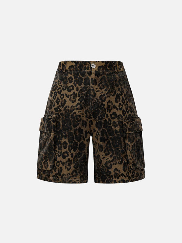 Front view of brown leopard print shorts by TALISHKO, featuring large pockets and a trendy design.