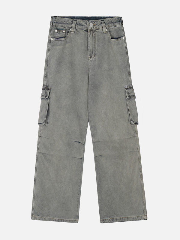 Front view of gray loose jeans by TALISHKO, featuring big pockets and a relaxed streetwear style.