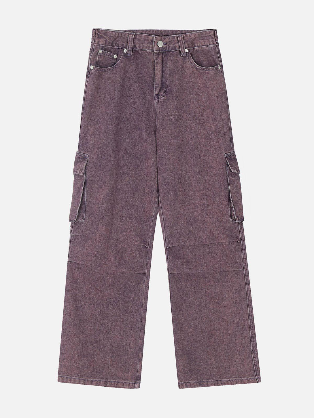 Purple loose jeans by TALISHKO, front view with large pockets and a relaxed urban vibe.
