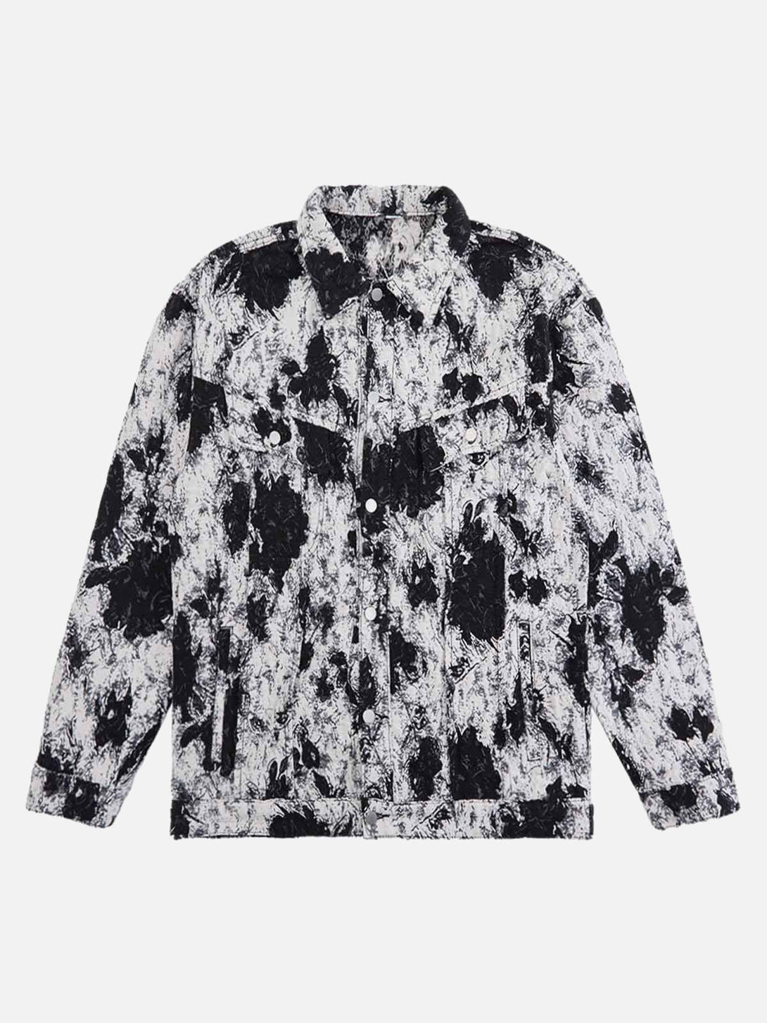 Front view of a black and white floral denim jacket by TALISHKO, perfect for urban style.