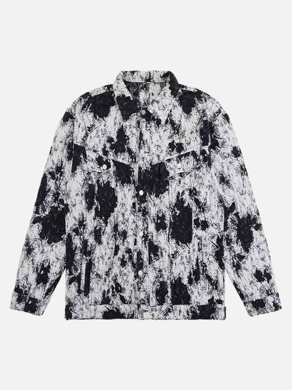 Front view of a black and white floral denim jacket by TALISHKO, perfect for urban style.