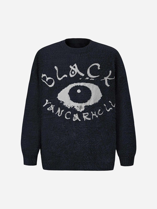 Front view of a black eye pattern sweater by TALISHKO, showcasing bold street style.