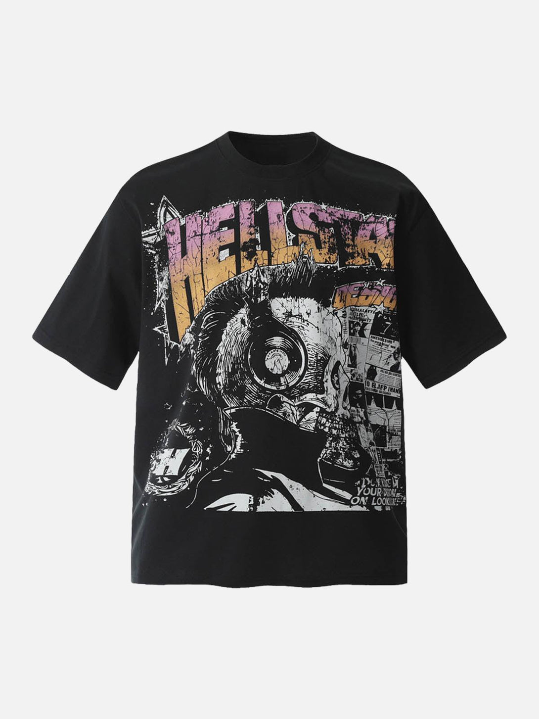 Front view of a black graphic crew neck T-shirt by TALISHKO, showcasing bold, edgy design.