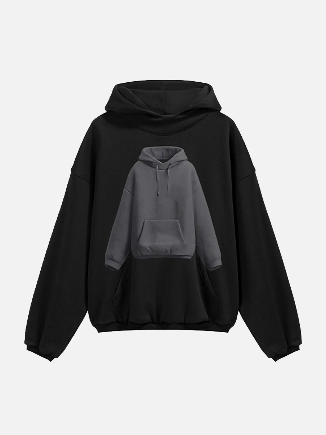 Front view of a black TALISHKO hoodie featuring a playful hoodie graphic design.