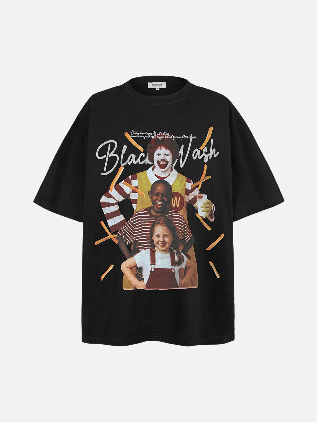 Front view of TALISHKO's black tee featuring a playful cultural mashup graphic design.