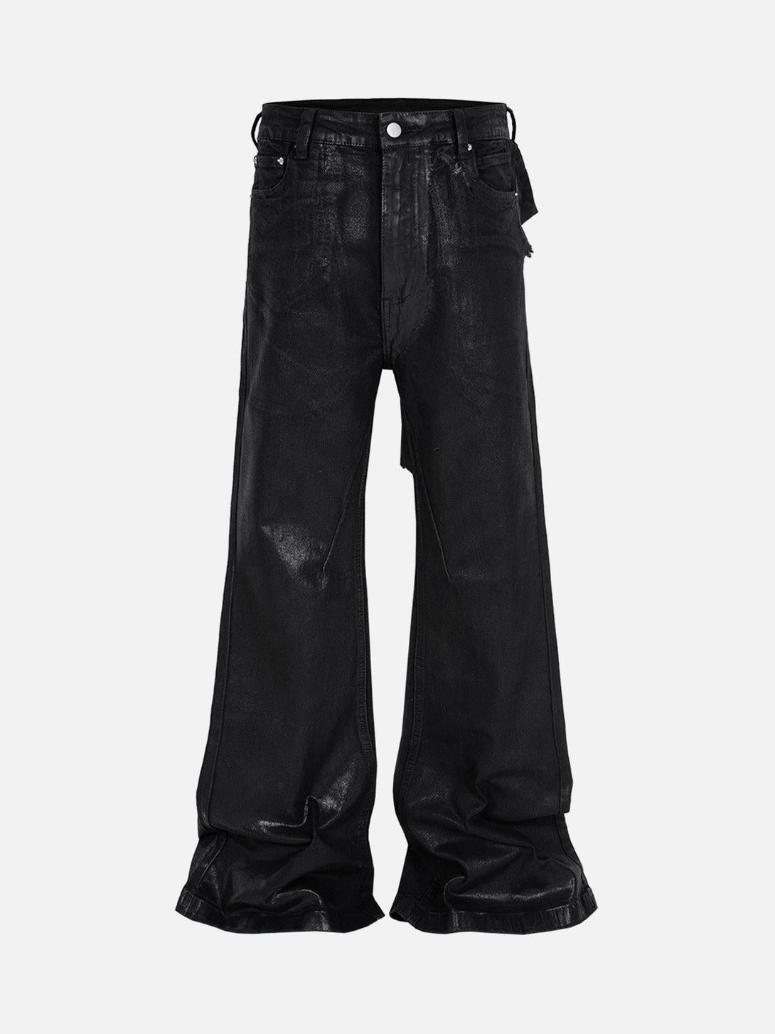 Front view of black wax-coated flare jeans by TALISHKO, ideal for urban fashion styling.