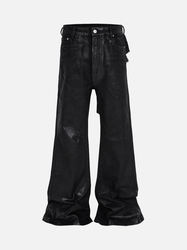 Front view of black wax-coated flare jeans by TALISHKO, ideal for urban fashion styling.