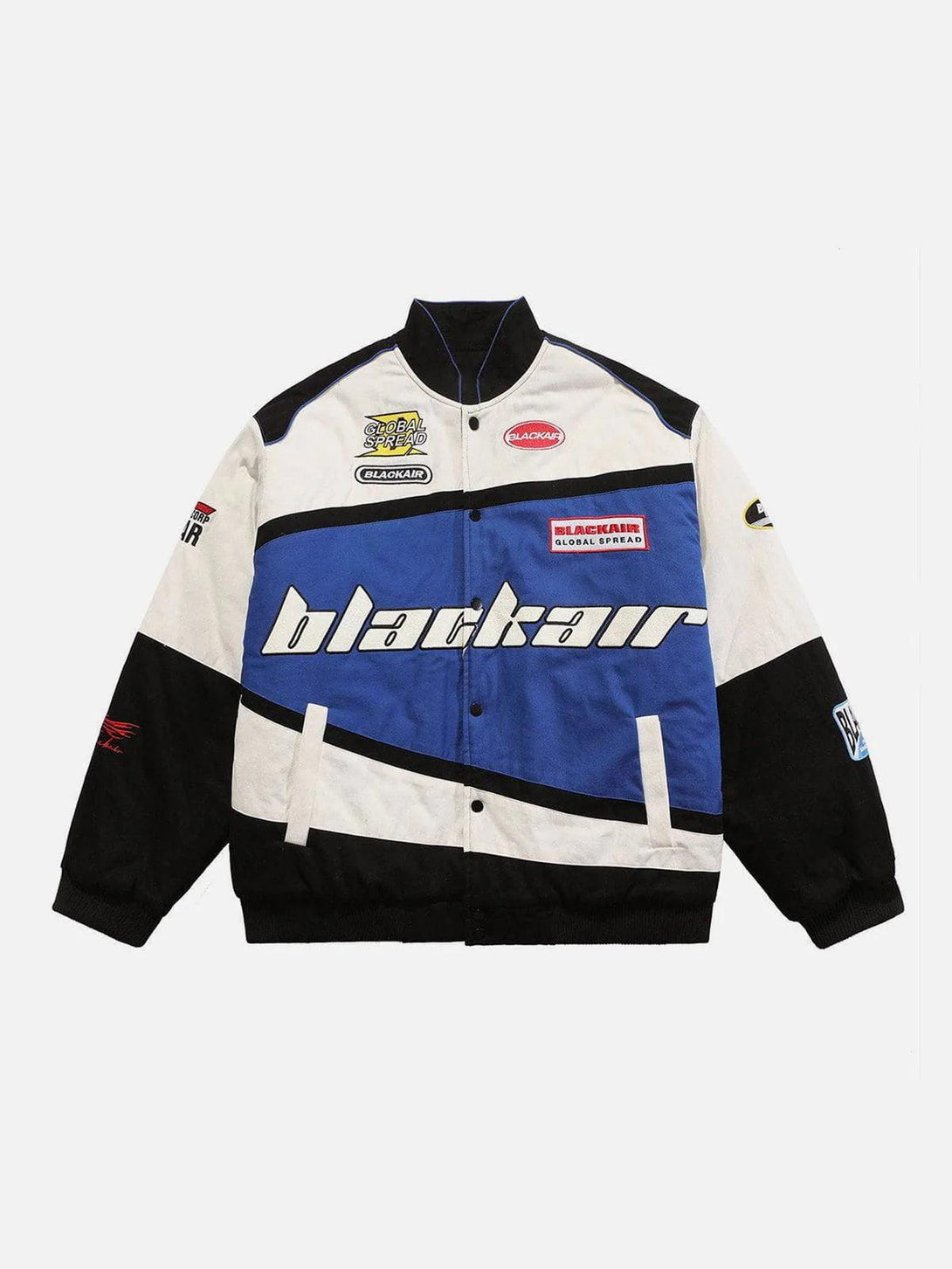 Front view of blue TALISHKO BLACKAIR Motosports Jacket with bold racing-inspired graphics.