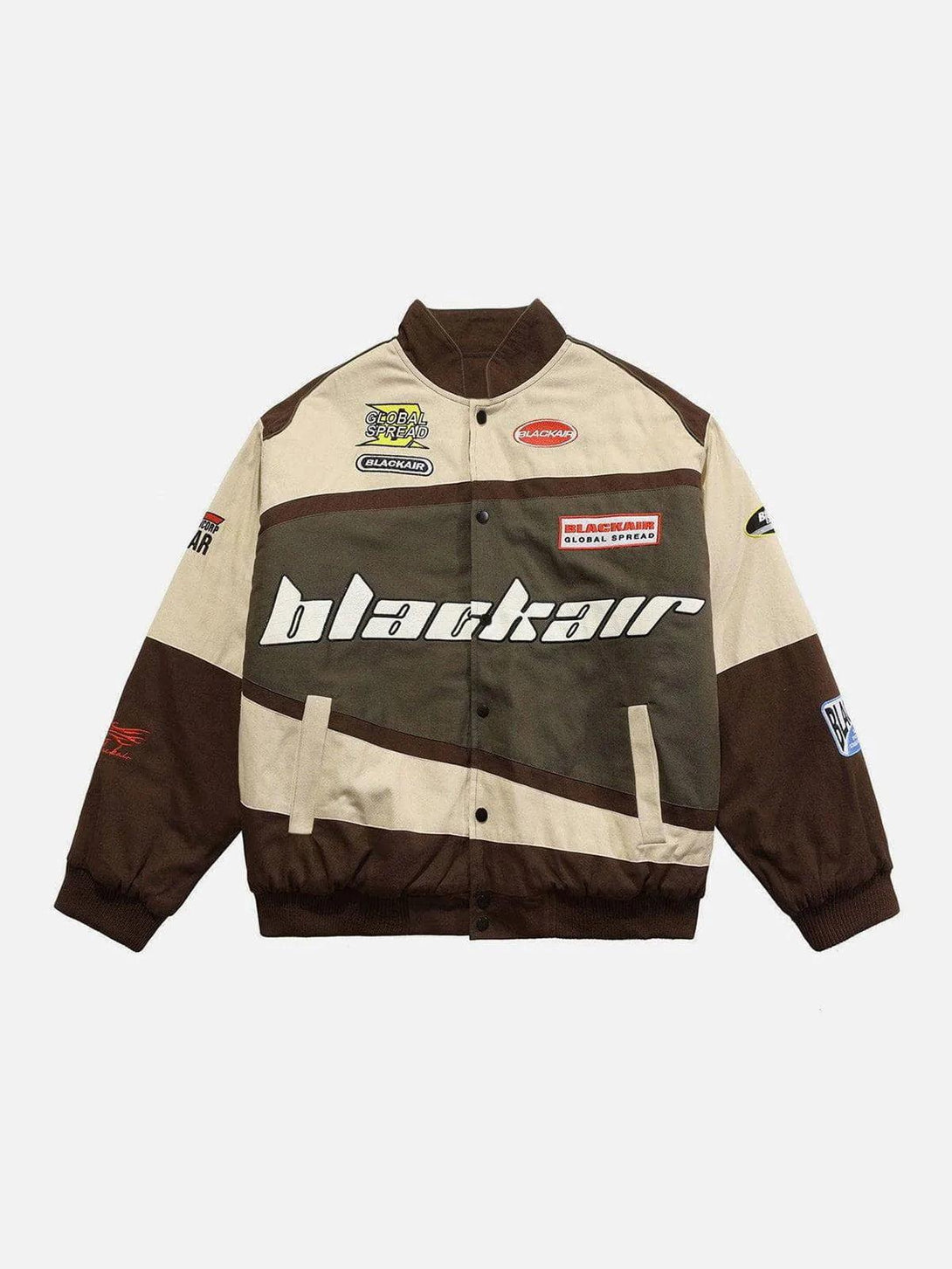 Front view of the brown TALISHKO BLACKAIR Motosports Jacket with bold, graphic patches.