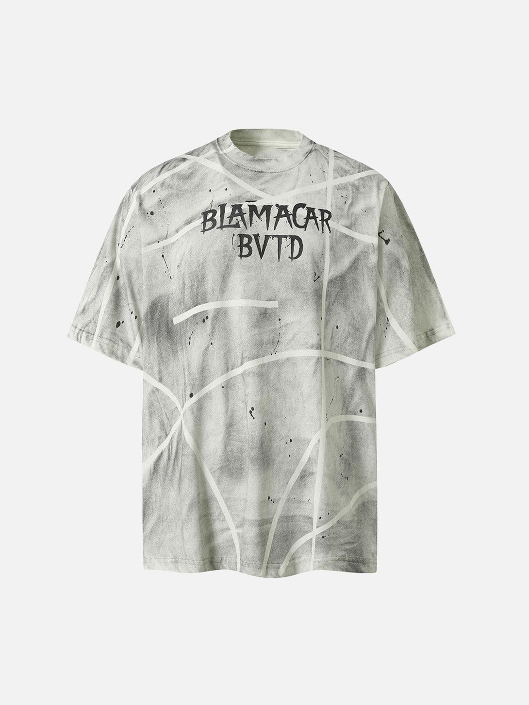 Front view of a gray oversized tie-dye T-shirt by TALISHKO, featuring a bold graphic design.