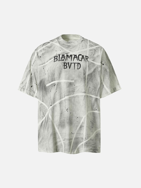 Front view of a gray oversized tie-dye T-shirt by TALISHKO, featuring a bold graphic design.