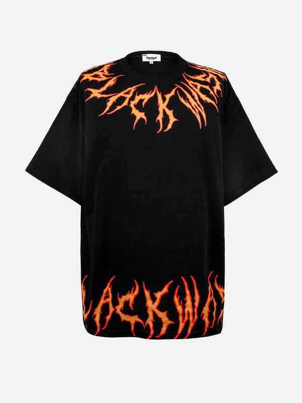 Front view of TALISHKO black tee with fiery orange blaze design, perfect for a bold summer look.