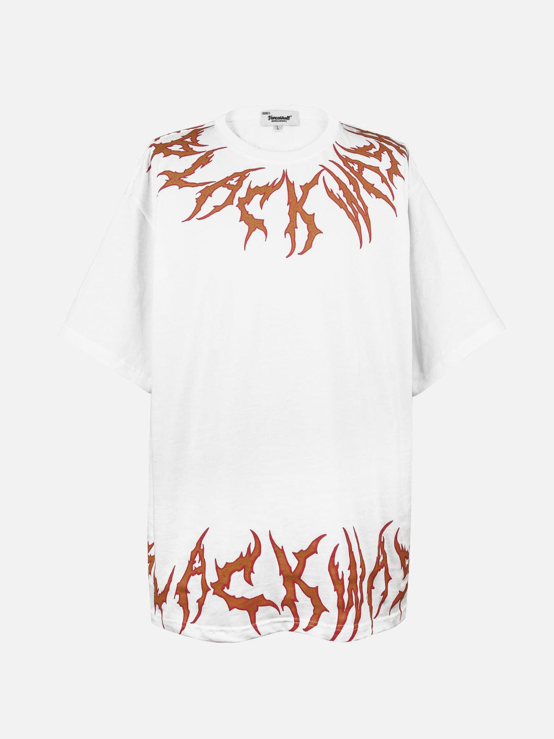 Front view of TALISHKO white tee featuring fiery orange blaze design, perfect for bold fashion.
