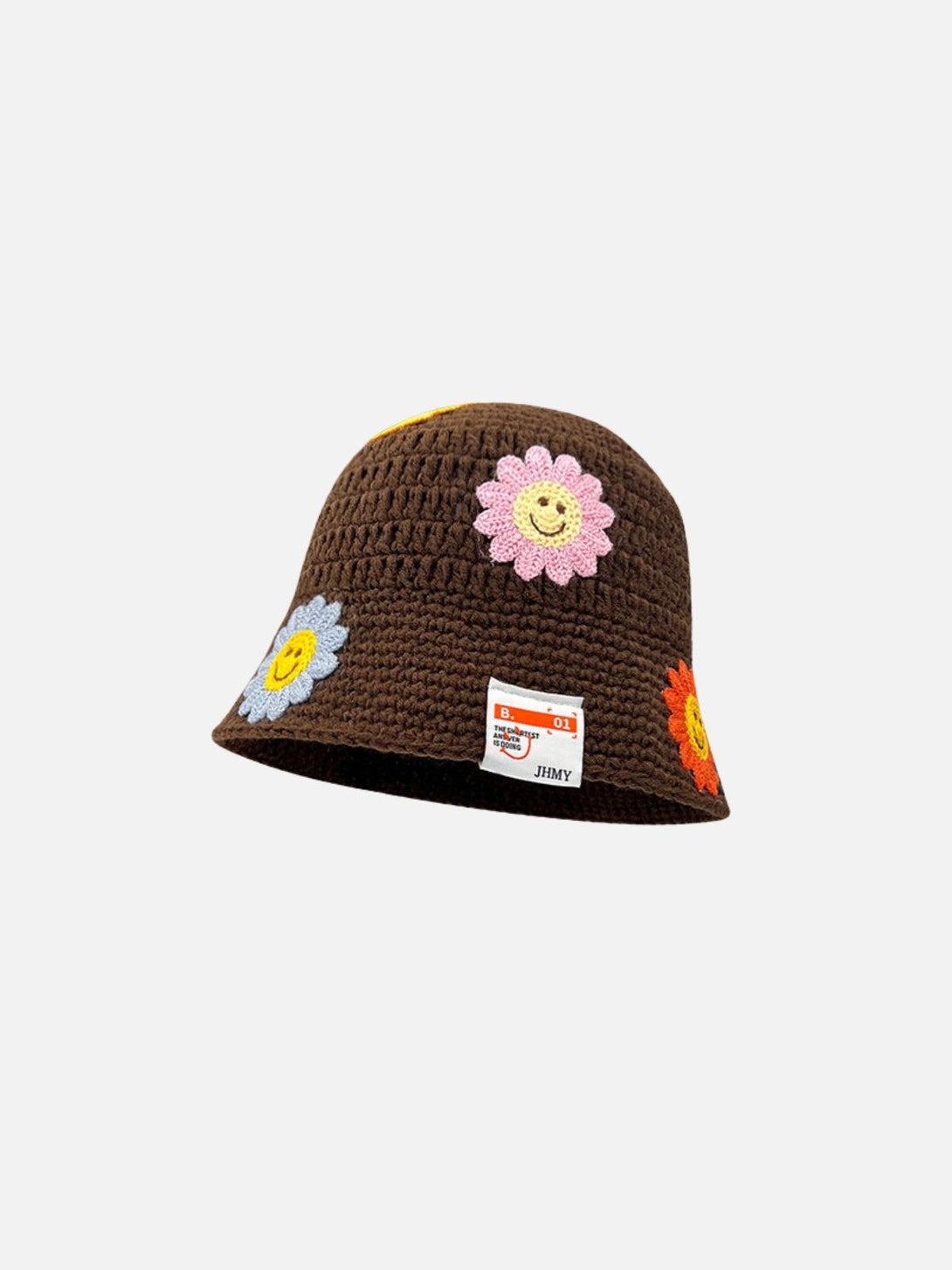 A brown knit bucket hat by TALISHKO, featuring colorful flower appliqués, front view.