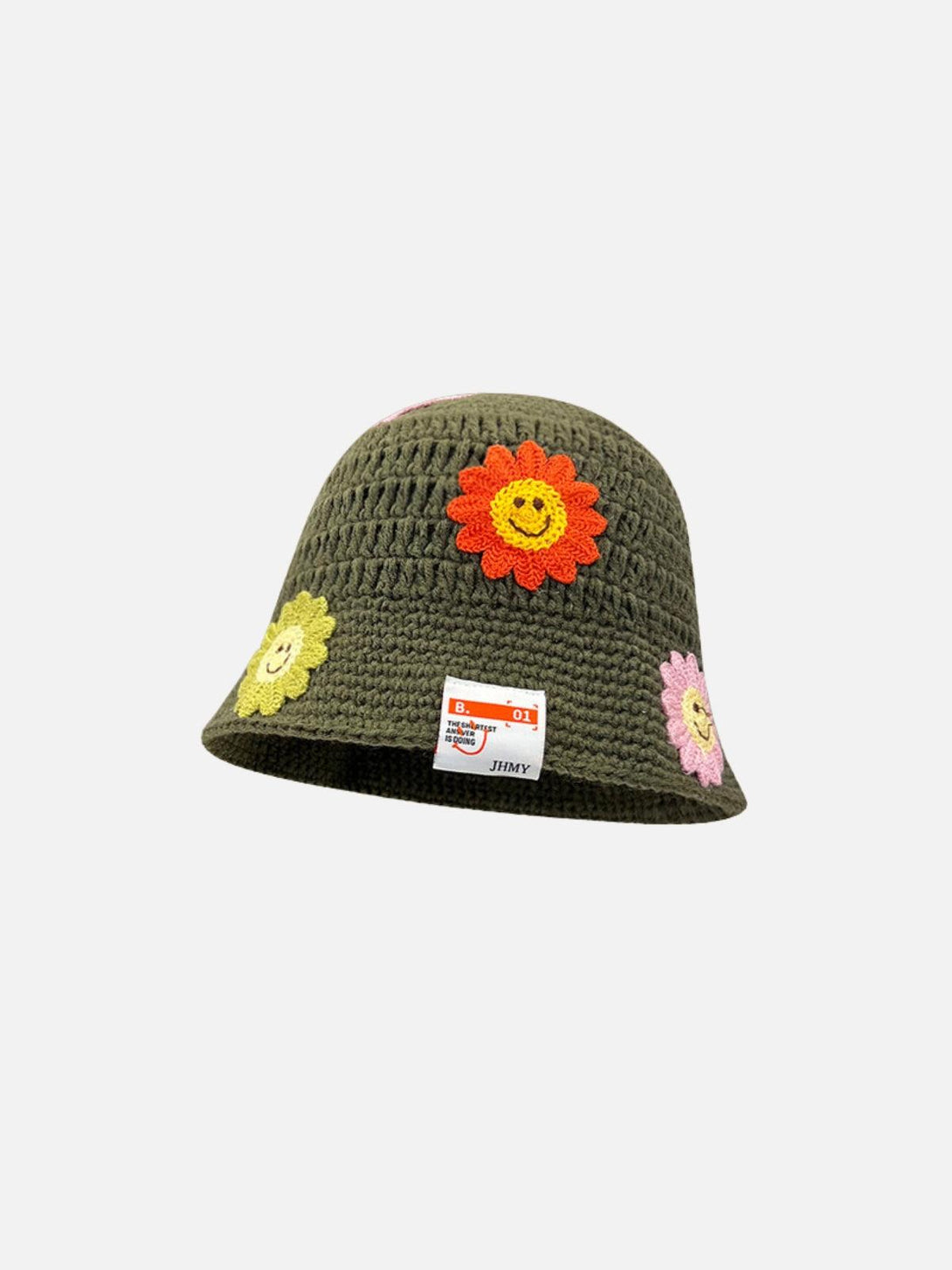 Green knit bucket hat by TALISHKO, adorned with colorful flower appliqués, front view.
