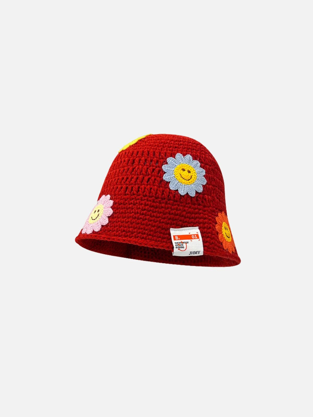 A vibrant red knit bucket hat by TALISHKO, adorned with cheerful flower designs, front view.