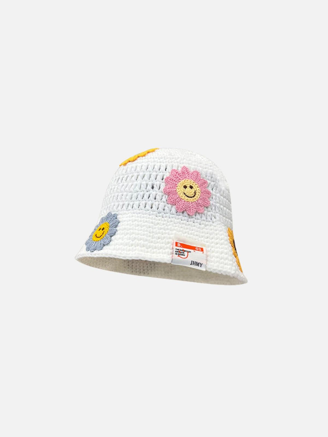 A playful white knit bucket hat by TALISHKO, featuring colorful flower appliqués, front view.