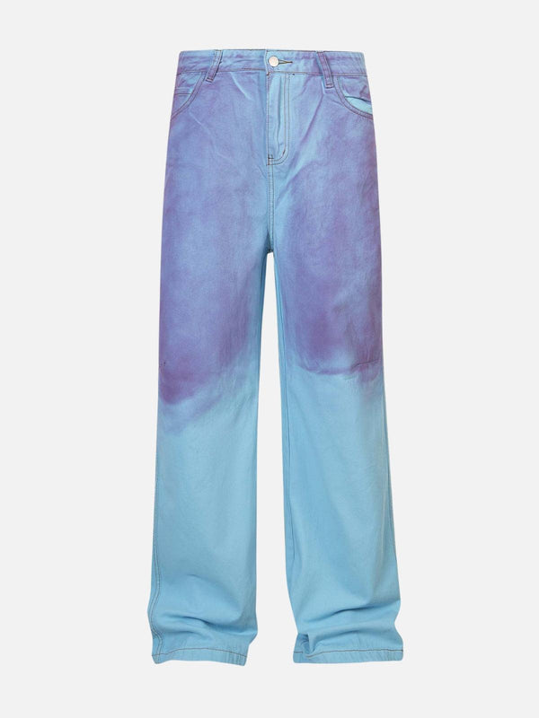 Front view of TALISHKO blue and purple loose jeans, showcasing a trendy gradient design.