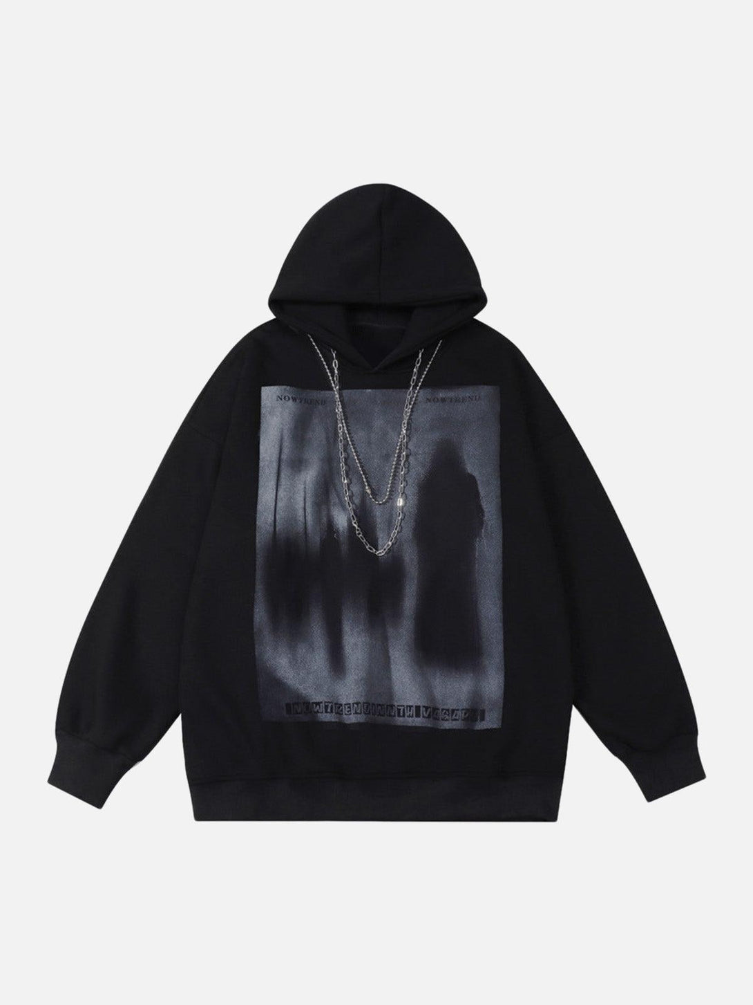 Front view of a black hooded sweatshirt by TALISHKO, featuring a blur graphic and chain detail.