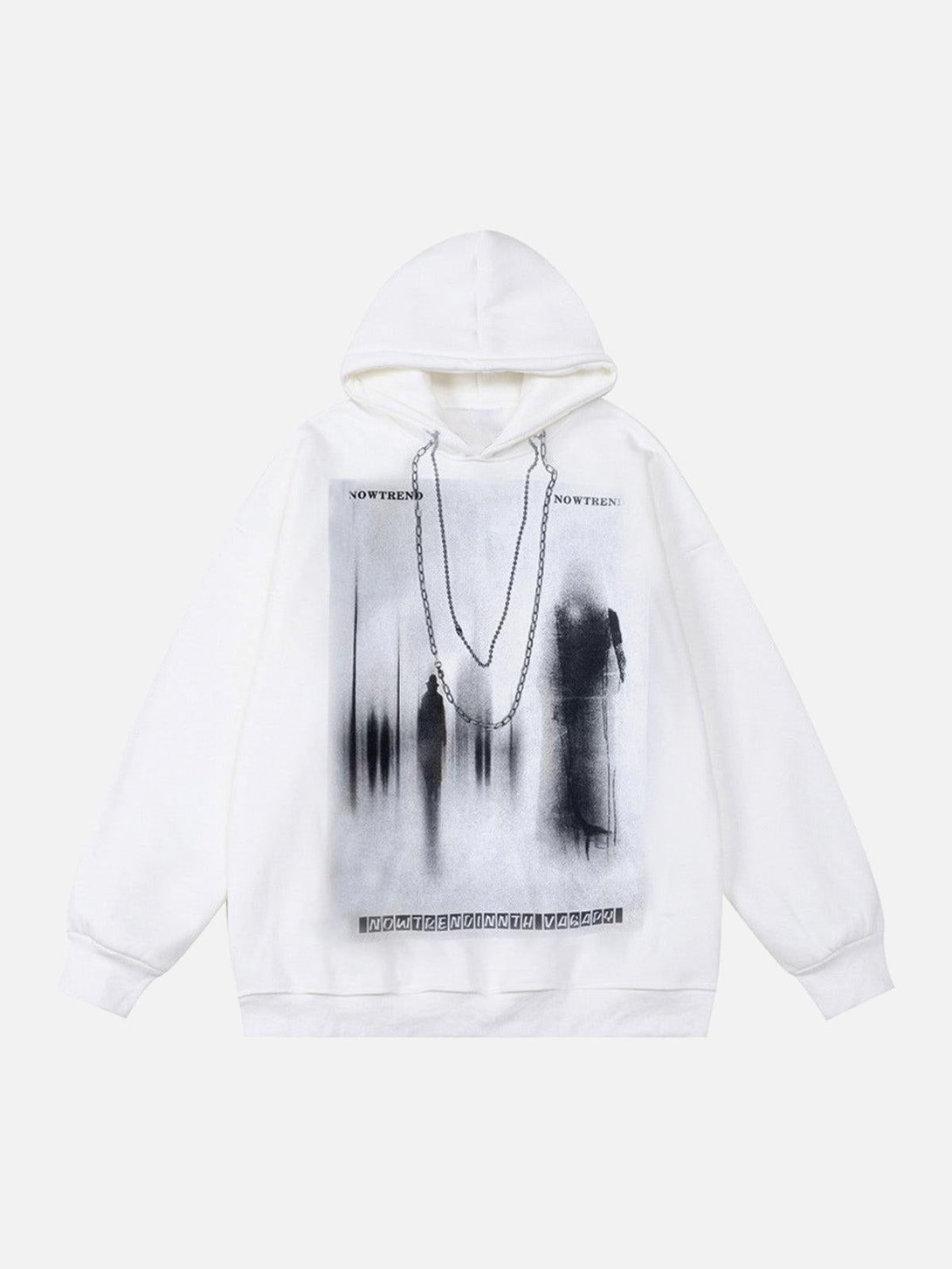Front view of a white hooded sweatshirt by TALISHKO, featuring a blur graphic and chain detail.